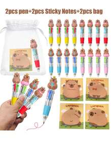 6/12/24/30 pièces Stylos Capybara en vrac 4-en-1 stylo à bille multicolore avec des notes autocollantes mignonnes de Capybara. Bloc-notes autocollants de Capybara de dessin animé pour cadeaux d'anniversaire, prix, faveurs de fête (aléatoire)