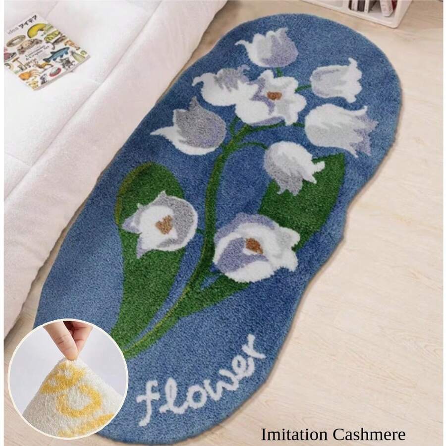 1450g/ M2 Imitation Cashmere Carpet Rug, Elegant White Flower Print On A Blue Background, This Is An Irregular Plush Carpet That Provides A Soft And Comfortable Thick Plush Feeling, Suitable For Placing In The Living Room, Bedroom, And Leisure Areas By The Bed - 47.24x23.62(in) - View 1