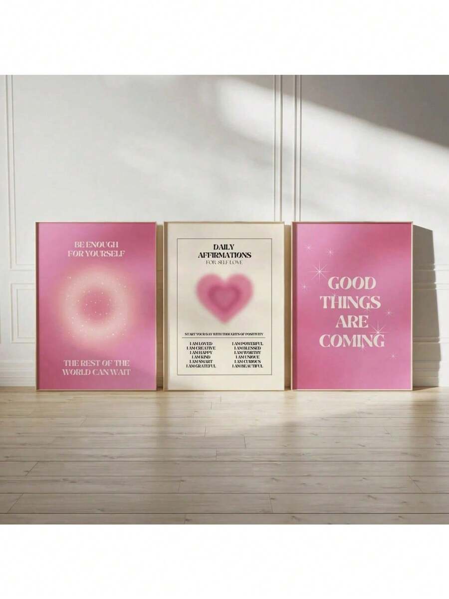 Set Of 3 Pink Graident Aura Affirmation Poster Retro Spiritual Wall Art Canvas Funky Painting Print Modern Picture Home Living Room Bedroom Dorm Decoration Canvas Painting Poster Wall Art Picture Cinema Room Home Bedroom Decoration - Multicolor - View 1