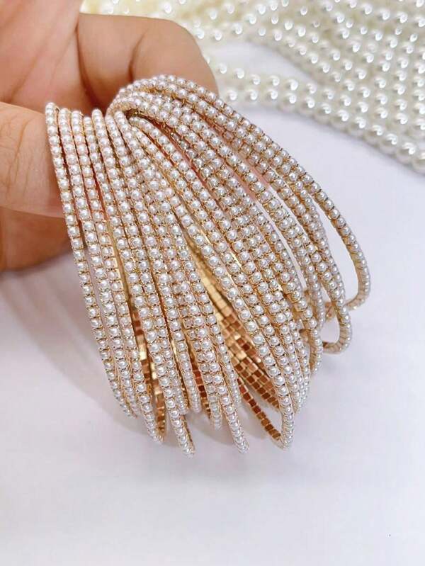 10pcs/Set Fashionable Multi-Layer Faux Pearl Tennis Bracelet, Suitable For Women And Girls For Daily Wear, Party, Festivals, Jewelry Gift