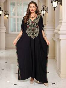 Bohemian Black Embroidery Kaftan 2025 Summer Plus Size Batwing Sleeves House Dress Vacation Outfits