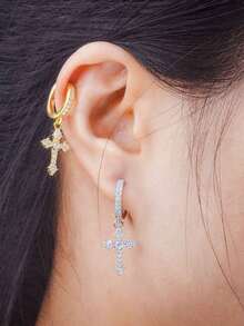 1 对哥特朋克风格十字架水晶锆石吊坠耳环，时尚嘻哈十字架耳夹耳环适合女性派对和日常佩戴 - 耳環 - 查看 4