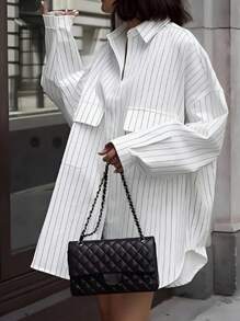 New Relaxed Vertical Striped Shirt, Oversized Mid-Length Boyfriend Style Long Sleeve Blouse For Casual Commute