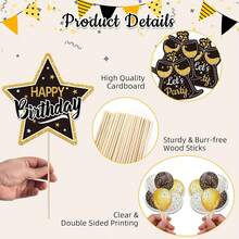 Happy Birthday Table Decorations, 36 PCS Black And Gold Table Decorations With LED String Lights, Happy Birthday Centerpieces Sticks Men Women, Party Supplies - 1 - View 3