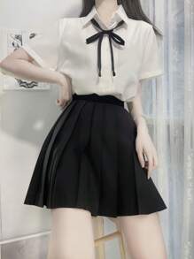 1pc Japanese School Uniform Style All-Match Loose Short Sleeve Shirt And Pleated Skirt Set, Flattering & Versatile, Suitable For Graduation Season, Photo Shoot Halloween