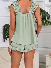 Womens Y2k 2 Piece Pajama Set Summer Ruffle Trim Tank Tops And Wide Leg Shorts Set Loose Pjs Lounge Sets Beach Vacation Outfits Peplum Babydoll Sleepwear