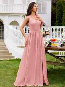 MIUSOL 亮片花卉蕾丝心形领口无袖荷叶边雪纺开衩长款正式派对礼服、晚礼服，适合婚礼宾客、毕业典礼、盛大晚宴等场合，粉色夏季优雅款 - 粉色 - 查看 7