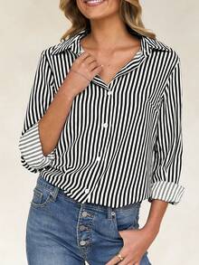 Vaiaye Striped Roll Up Sleeve Shirt Dress Button Front Long Sleeve Casual Dresses With Pockets - Black - View 8