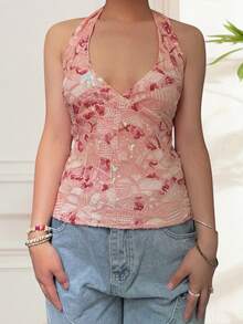Women's Sequins Halter Tops Stylish Backless V Neck Sleeveless Slim Fit Vest For Summer - Coral Pink - View 2