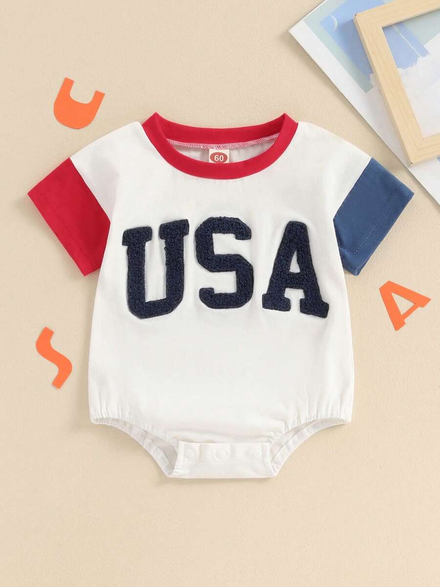 4th Of July Baby Boy Girl Outfit Newborn Infant Bubble Romper Short Sleeve Fourth Of July American Flag Summer Bodysuit - trắng - Xem 1