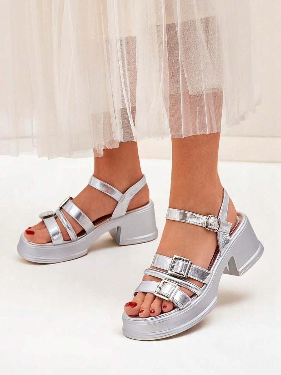 Women's Low Block Heel Sandals - Silver - View 1