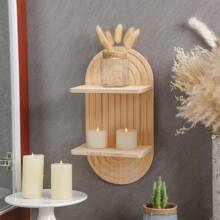 1 Stück Neuer kreativer Wandregal im Boho-Stil mit zwei Ebenen aus Holz für Kerzenhalter & Vase, geeignet für Wohnzimmer, Schlafzimmer, Wandhängendes Regenbogen Boho Kerzenregal für Wohnzimmer, Badezimmer, Schlafzimmer Wanddekoration