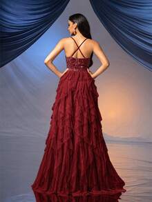 QOQ Fairy Style Women Formal Dress Romantic Evening Gown For Wedding Events, Cocktail Party, Charity Balls Solid Backless Sequined Mesh Dress Ballgown - Burgundy - View 2