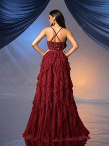 QOQ Fairy Style Women Formal Dress Romantic Evening Gown For Wedding Events, Cocktail Party, Charity Balls Pure Color Backless Sequined Mesh Dress Ballgown