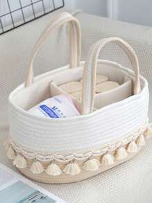 1pc Baby Diaper Storage Basket, Toy Organizer Basket With Tassel Handle, Handwoven Divided Portable Design