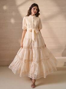 Elegant Flower Lace Splice Full Opening Button Decor Women A-Line Dress - Apricot - View 3