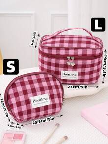 1 pieza/Set Bolsa de cosméticos a cuadros retro Y2K, bolsa de maquillaje a cuadros rosa y blanca linda para damas, bolsa de cosméticos con cremallera de gran capacidad, bolsa de viaje a cuadros casual para almacenamiento, bolsa de cosméticos esencial para viajes y vacaciones, puede almacenar toallas sanitarias y tampones, adecuada para el nuevo período escolar, primavera/verano, aniversario, vacaciones, uso diario, festivales, un regalo ideal para mujeres, también una excelente opción de regalo de Navidad - Rosa Fucsia - Ver 13