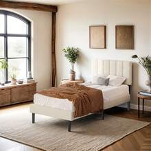 Estructura de cama de tamaño individual/individual XL con cabecero, cama de plataforma tapizada moderna con soporte de listones de madera, sin ruido, no requiere caja de resortes, beige - Beis - Ver 3