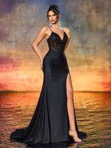 Elegant Deep V-Neck Backless Beaded Embroidered Sequin Patchwork Evening Dress Party - Black - View 6