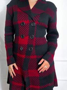 Casaco Xadrez Feminino Sobretudo com Botões Tricot Moda Inverno Blusa de Frio Tricô - Marrom - Visão 2