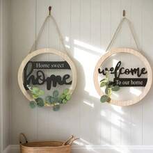 1pc Boho Style "Home Sweet Home" & "Welcome To Our Home" Door Hanger Decoration - Handmade Farmhouse Front Door Wreath, Round Wood Frame With Black Letters, Home, Indoor/Outdoor Wall Decor, Suitable For Living Room, Entryway Decor, Housewarming Gift, Wedding Decoration Room Decor Bedroom Decor Home Decor - Multicolor - View 2