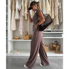 Women's Elegant Solid Color Crew Neck Ribbed Knit Short Sleeve Wide Leg Long Suit Set, Spring Autumn Summer - Coffee Brown - View 7