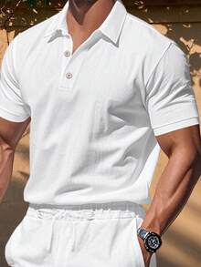 Men's Short Sleeve Shirt Linen Stylish Solid Button Lapel V Neck Tops For Summer - 白色 - 查看 2