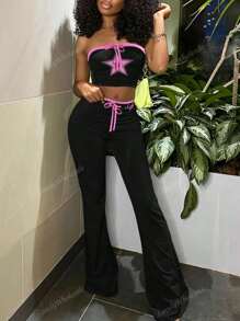 LovelyWholesale Conjunto de top tubo con cordón y pantalones con estampado de letra y estrella de cinco puntas de moda y lindo para mujer, para primavera y verano