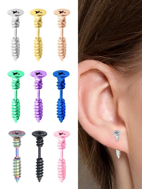2pcs Stainless Steel Screw Stud Earrings, Personalized Double-Sided Front And Back Earrings, Piercing, Funny And Alternative Halloween Decorations