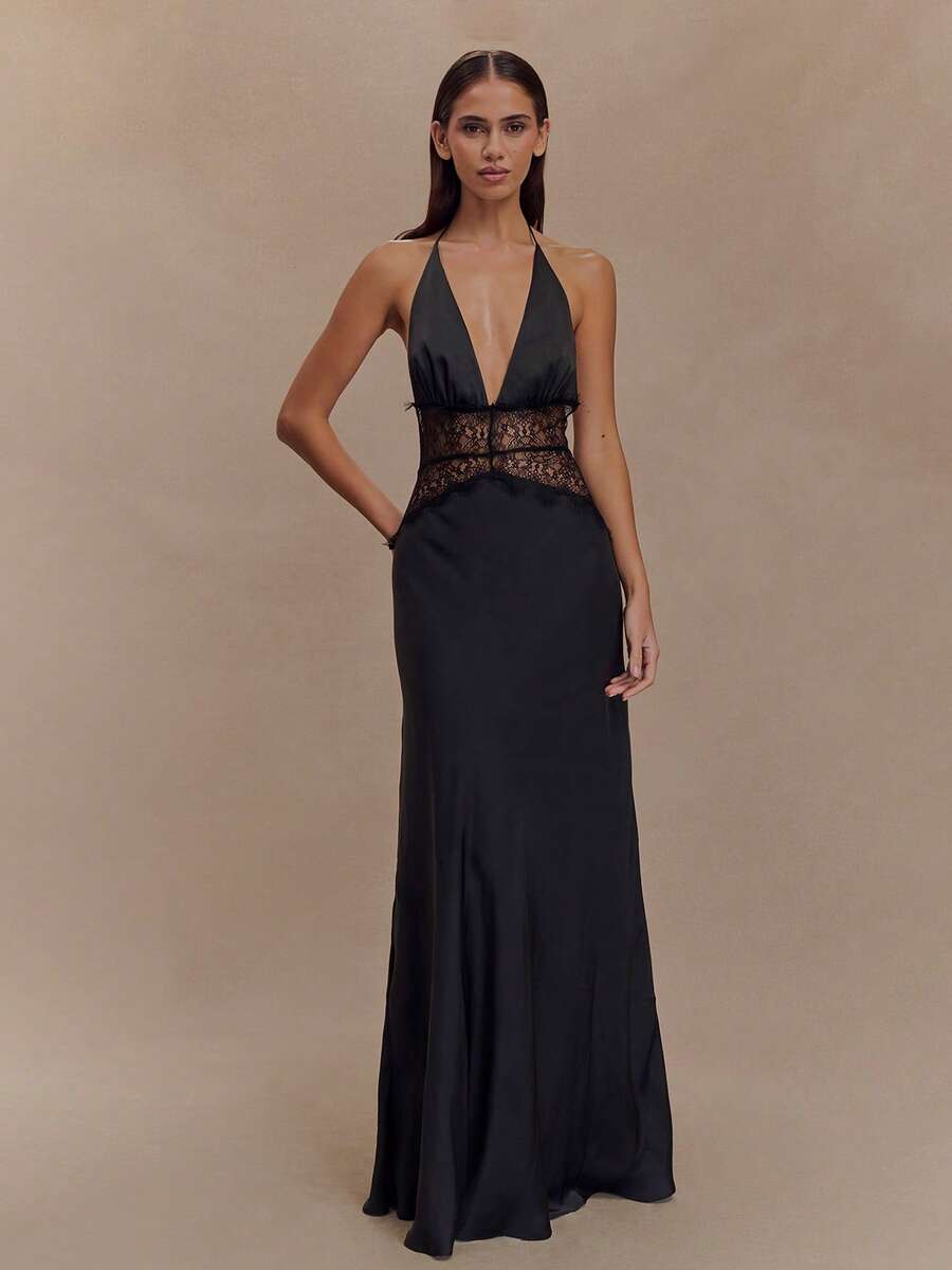 性感蕾丝拼布缎面露背系带派对连衣裙 - 黑色 - 查看 1