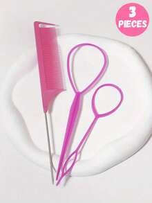 3pcs Hairband And Tail Comb Set, French Braid And Metal Needle Rat Tail Comb Hairstyle Design - Multicolor - View 8