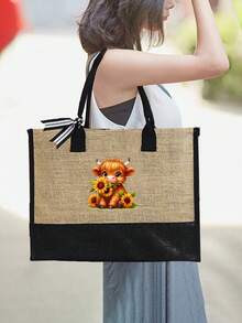 可爱高地牛主题手提包套装，包含一个手提包和一个黑色零钱包，饰有可爱高地牛和卡通向日葵图案，大容量手提包、单肩包、亚麻购物袋、沙滩包。