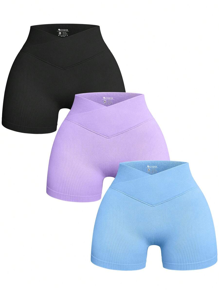 OQQ Women's 3 Piece Yoga Shorts Ribbed Seamless Workout High Waist Cross Over Athletic Leggings - 黑,紫羅蘭,糖果藍 - 查看 1