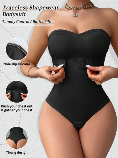 Women's Seamless Bodysuit Strapless Front Closure Anti-Slip Waist Abdomen Shaping With Snap Crotch