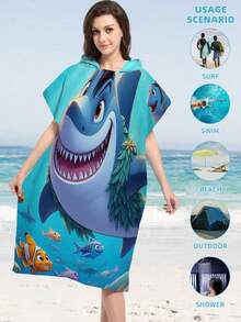 1pc Shark Hooded Poncho Changing Robe, Microfiber Wearable Beach Towel, Suitable For Surfing, Swimming, Bathing, Outdoor Sports, Adult Hooded Towel Cloak Robe - Multicolor - View 27