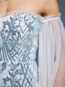 Off Shoulder Ruffle Layered Butterfly Sleeve Patchwork Sequin Fitted Mermaid Maxi Dress