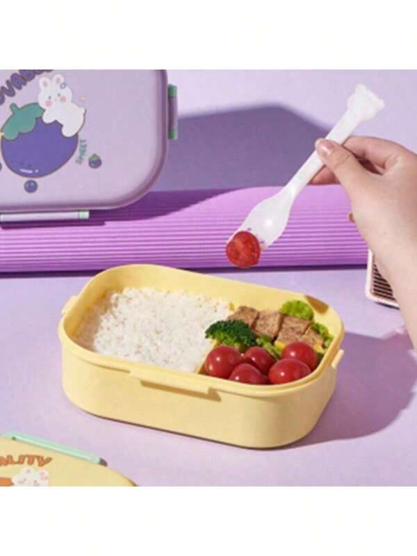 1pc Kids Portable Microwave Safe Compartment Lunch Box With Utensils, Purple,School Supplies