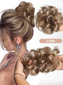 合成发髻接发凌乱卷曲弹力发圈假发发髻甜甜圈发髻女士合成凌乱发髻发圈假发带辫子弹力发片女士合成卷曲马尾 - 自然黑 - 查看 12