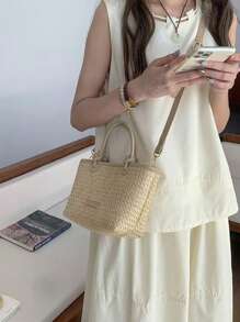 Bolso de paja mini para playa y vacaciones, bolso de hombro y de cesta tejida con nudo, bolso de compras de vacaciones elegante para damas y niñas