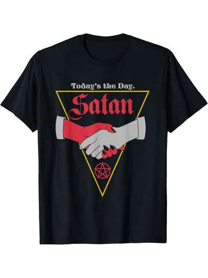 1pc Today'S The Day Satanic Handshake 666 Pentagram T-Shirt - 100% Cotton Crew Neck Tee With Slight Stretch, Geometric Pattern, Casual & Sports Style For Adults, Four Seasons, Outdoor & Hiking - Black