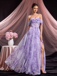 Vestido midi elegante con estampado floral y hombros descubiertos con twist - Estilo palaciego, vestido de fiesta, vestido de graduación - Morado - Ver 4