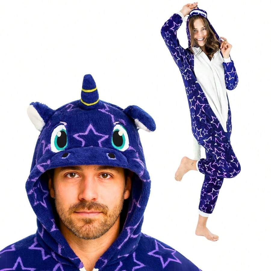 nerd hunters Adult Kigurumi Pajamas Plush Unisex Cosplay Costume Unicorn - 藏蓝色 - 查看 1