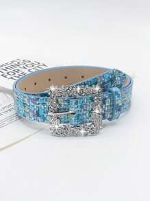 1pc Women's Crystal Embellished Buckle Shiny Sequin PU Leather Belt, Elegant And Casual For Dress And Outfit Pairing Valentines Summer, School