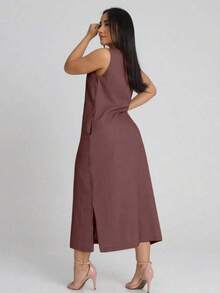 Women's Linen Midi Dress With Pockets Plain Wide Straps Elegant - 鏽棕色 - 查看 4