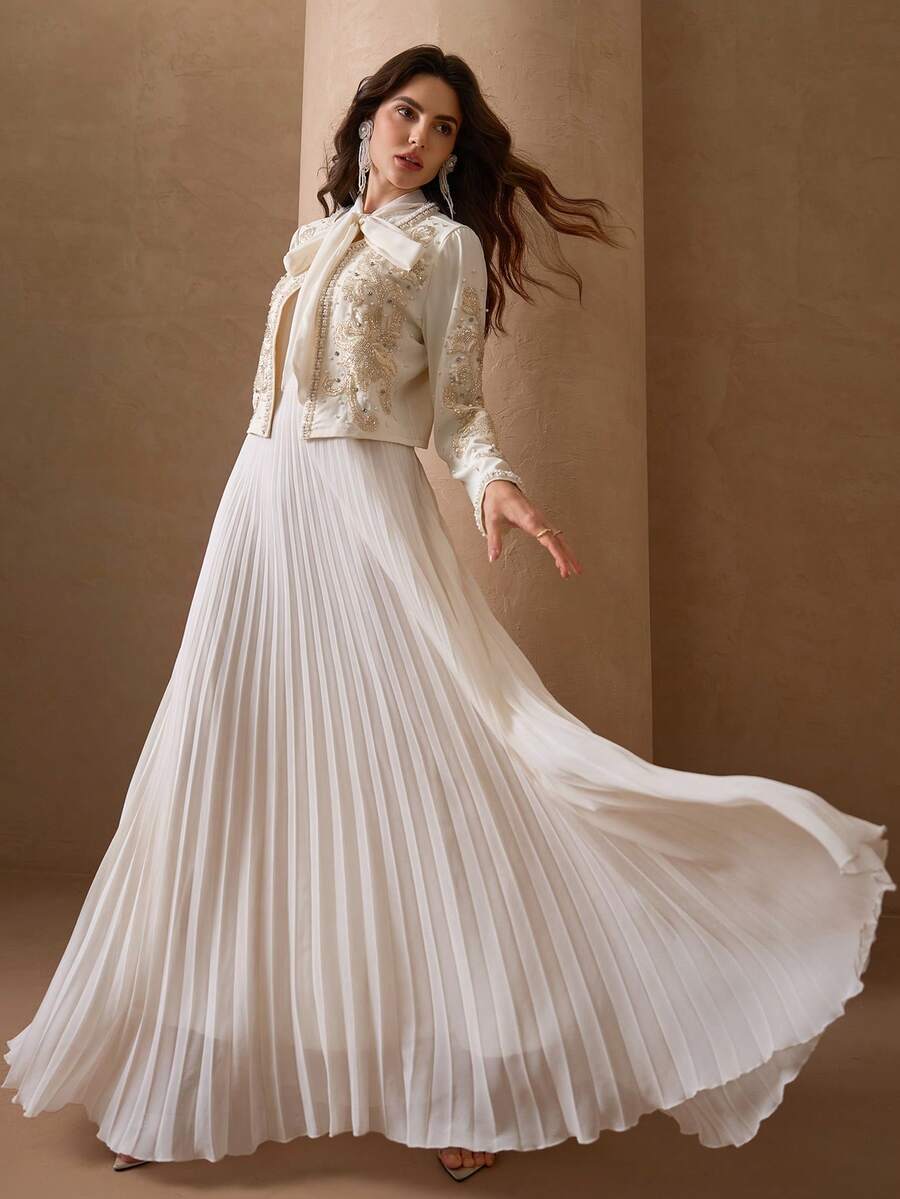 优雅奢华的珍珠刺绣外套搭配褶裥雪纺裙，女士春季优雅两件套 - 杏色 - 查看 1