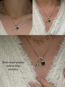 1pc Minimalist Cubic Zirconia Heart Gemstone Gold Initial DIY Necklace, Custom Simple Letter Name Necklace Jewelry Personalized Stainless Steel Initial Pendant Necklace For Women And Mothers, Fashionable Autumn Fashion, Simple, Casual, Customizable With Old Money Design, Personalized, Unique. An Ideal Gift For Girlfriends, Mothers, Family, Friends, Daughters, Anniversaries, Valentine's Day, Mother's Day, Birthdays, Graduation Ceremonies, Everyday Wear, Weddings, And Proms. - Gold - View 8