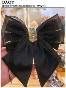 1个女士优雅黑色蝴蝶弹簧发夹，缎面高档流苏锆石发饰，适合日常佩戴、节日、派对、晚宴、约会 - 水钻发夹