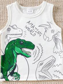 8pcs/Set Dinosaur Print Sleeveless Top And Solid Casual Shorts, Fashionable Outdoor Sports & Everyday Outfit For Baby Boy