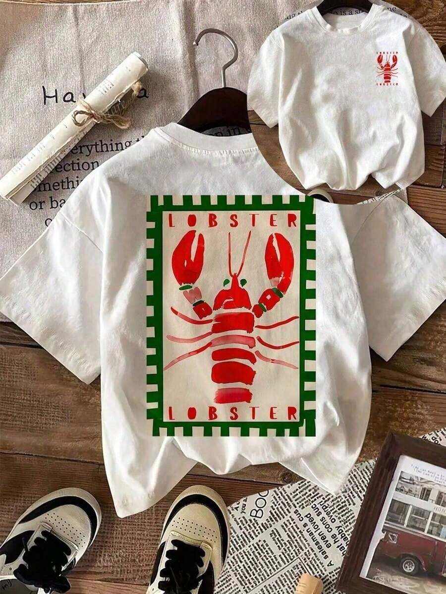 Women's Stylish T-Shirt Printed Lobster Retro Green Printed New Arrival 100% Cotton T-Shirt Loose Oversized Plus Size T-Shirt - 白色 - 查看 1