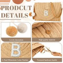 1pc Customized Simple Versatile Handwoven Hollow Straw Tote Bag, Suitable For Beach Holiday Shoulder Bag